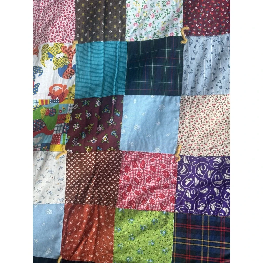 Vintage Patchwork Quilt Multicolor Patterns Squares Black Border 61x83